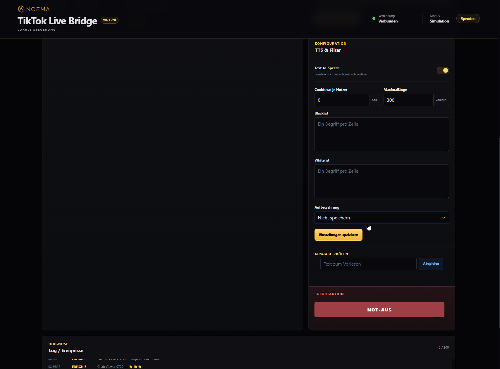 TikTok Live Bridge: TTS-Konfiguration mit Filtern, Cooldown und Not-Aus