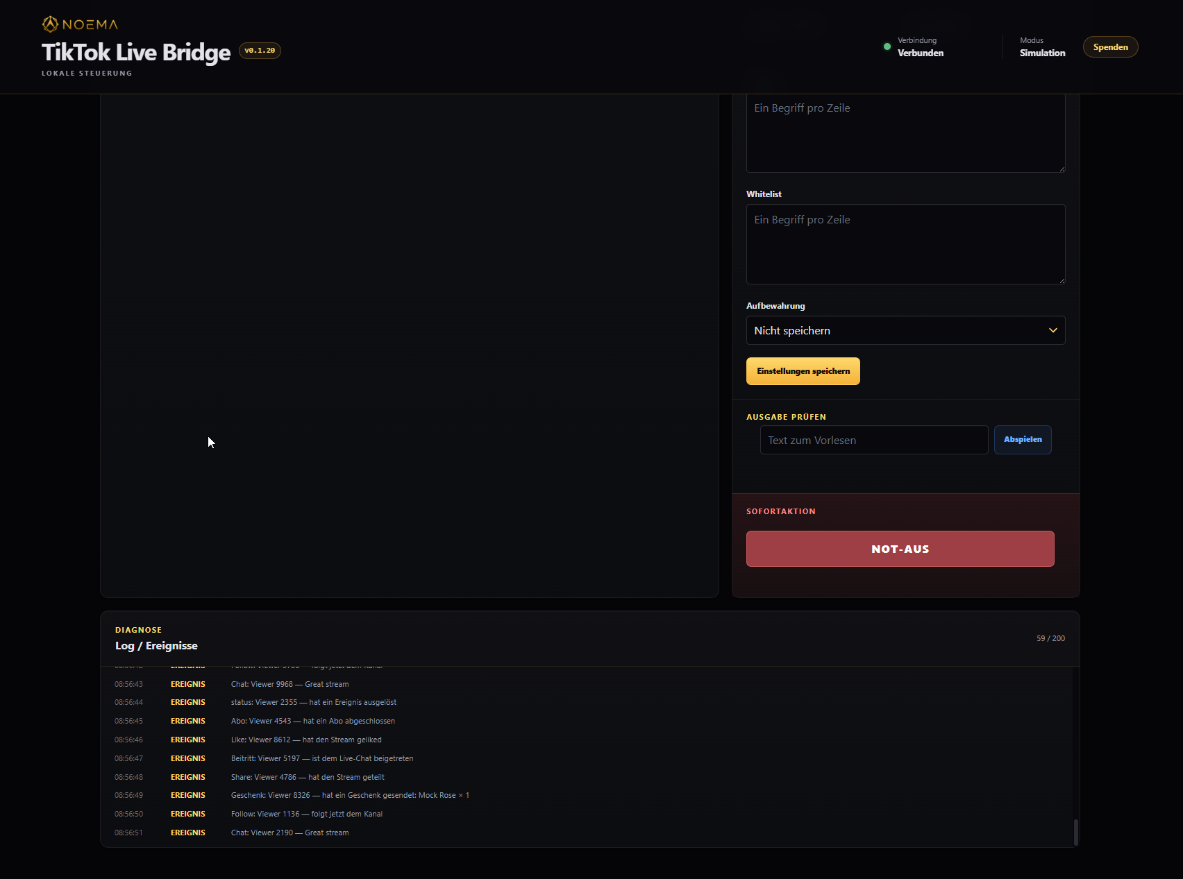 TikTok Live Bridge: Diagnose-Log mit Live-Ereignissen