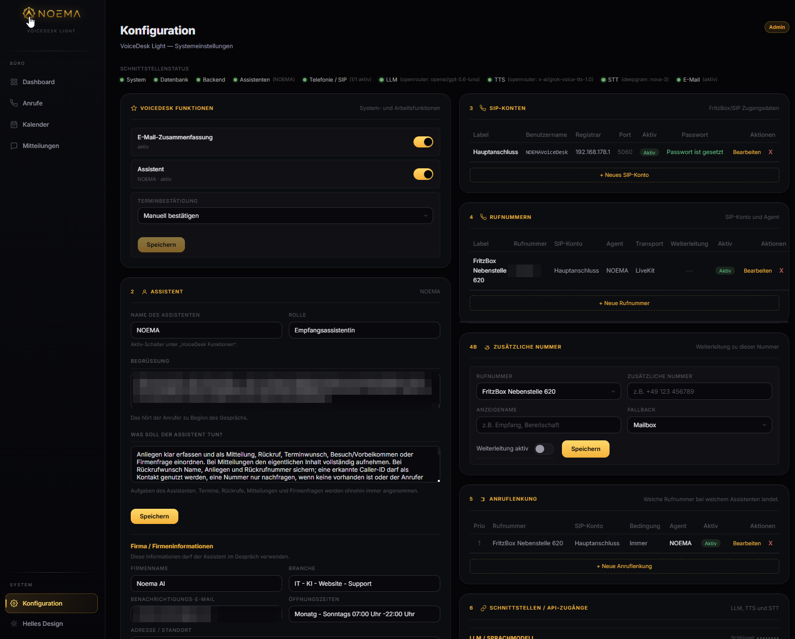 VoiceDesk-Admin-Bereich: Konfiguration mit Assistent, SIP-Konten und Rufnummern