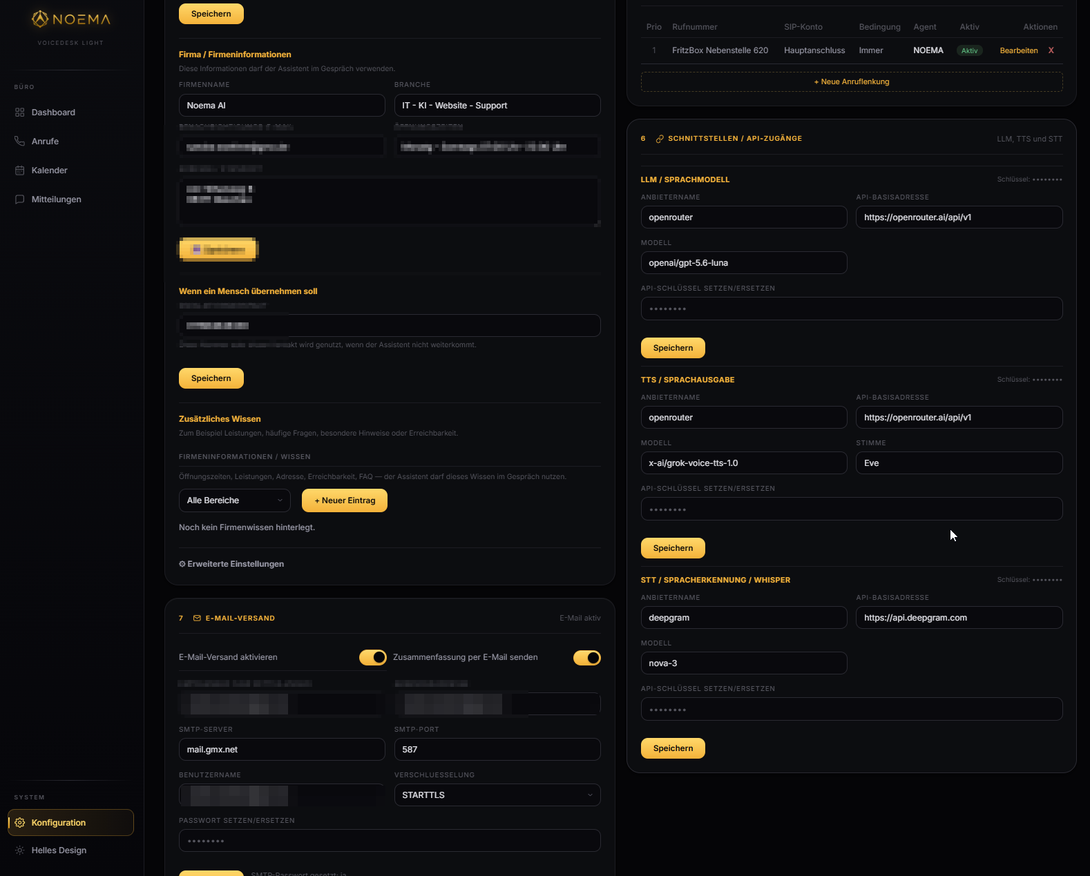 VoiceDesk-Admin-Bereich: Schnittstellen f&uuml;r LLM, TTS und STT mit frei w&auml;hlbaren Anbietern