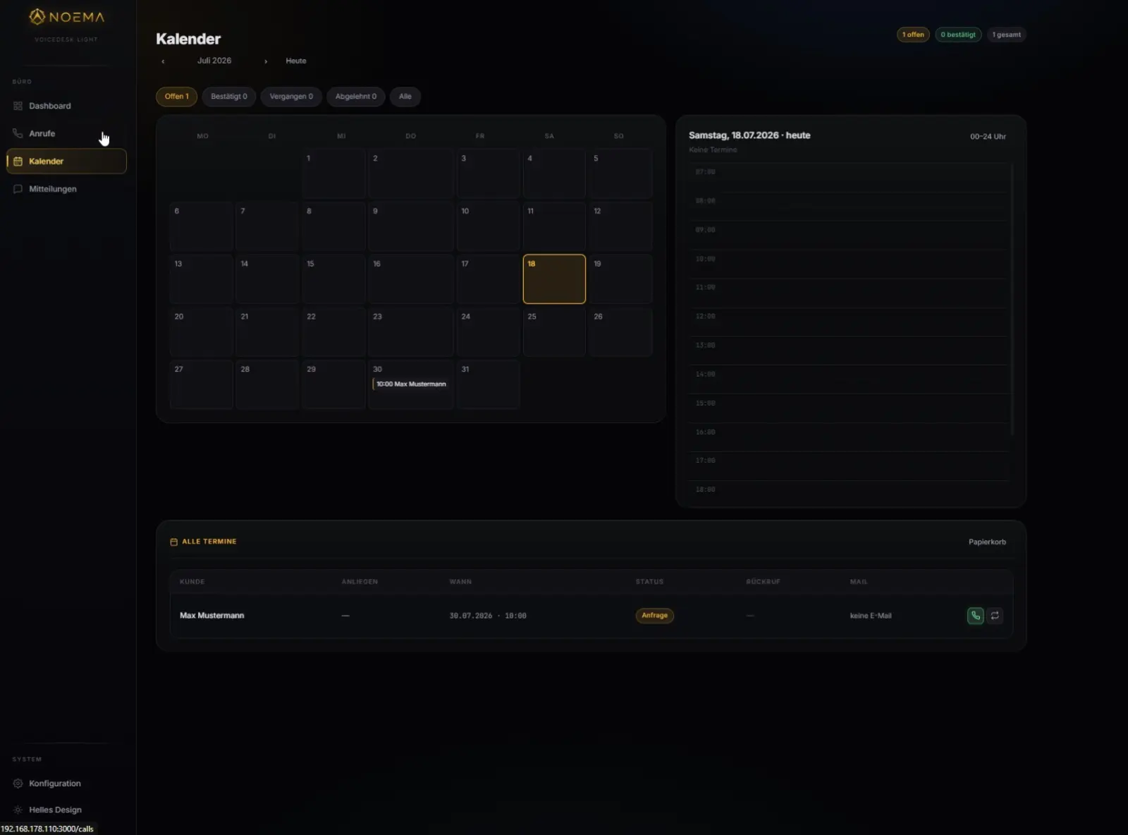 VoiceDesk-Kalender mit Terminwunsch und Tagesansicht
